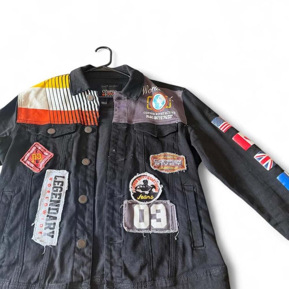 Copper Rivet Worldwide Flags Patch Denim Trucker Jacket